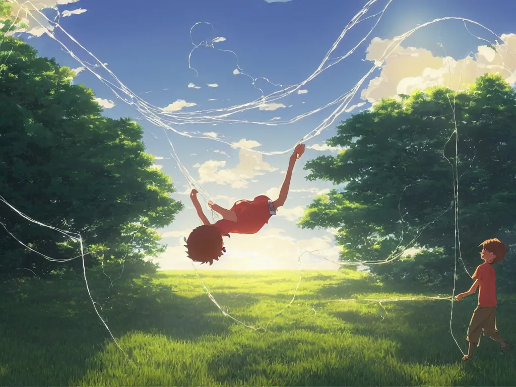 Prompt: extreme wide shot of a summer landscape, with a boy holding on to a string that connects to a web that envelopes the sun. Digital art by Makoto shinkai and Rebecca Sugar and Alan Lee.