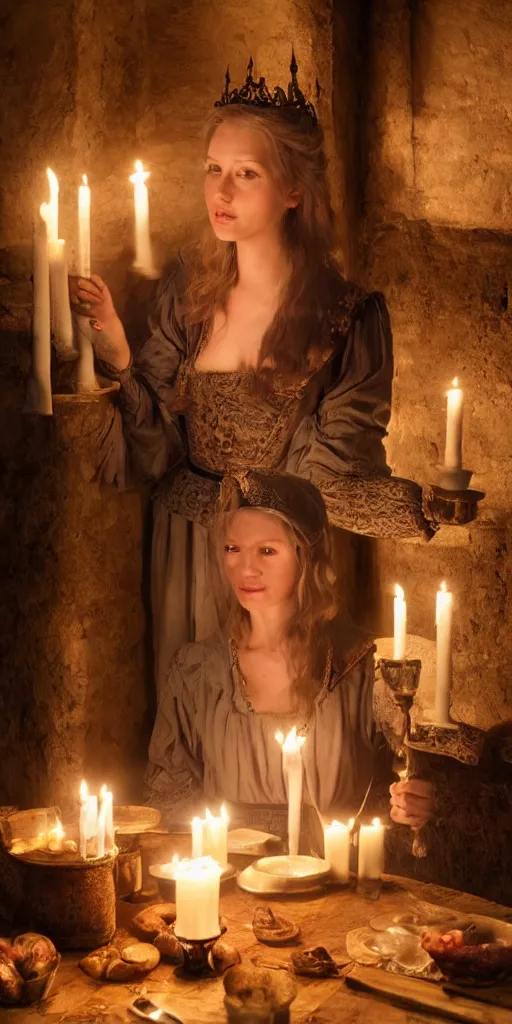 Image similar to young attractive beautiful scandinavian woman wearing 1 8 th century stay in a medieval tavern at night with candles, wow 4 k detail fantasy, matte painting, realistic materials, photo realistic, postprocessing, cinematic, hyperrealistic, studio lighting, ekaterina, the tudors, photography by richard jenkins