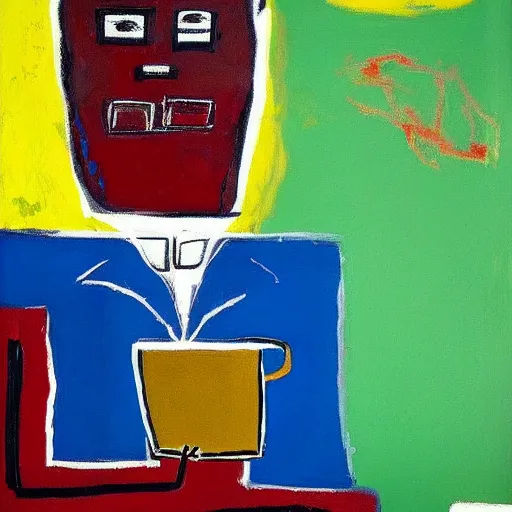 Image similar to It's morning. Sunlight is pouring through the window bathing the face of a man enjoying a hot cup of coffee. A new day has dawned bringing with it new hopes and aspirations. Painting by Basquiat, 1939