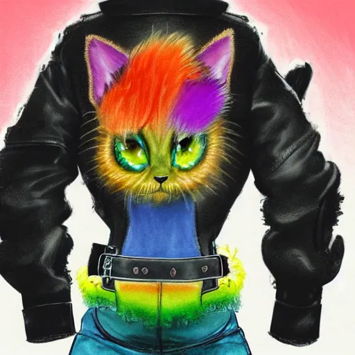 Image similar to wide angle full body, jacket wearing fluffy cute rainbow kitten wearing a black leather motorcycle jacket, concept art