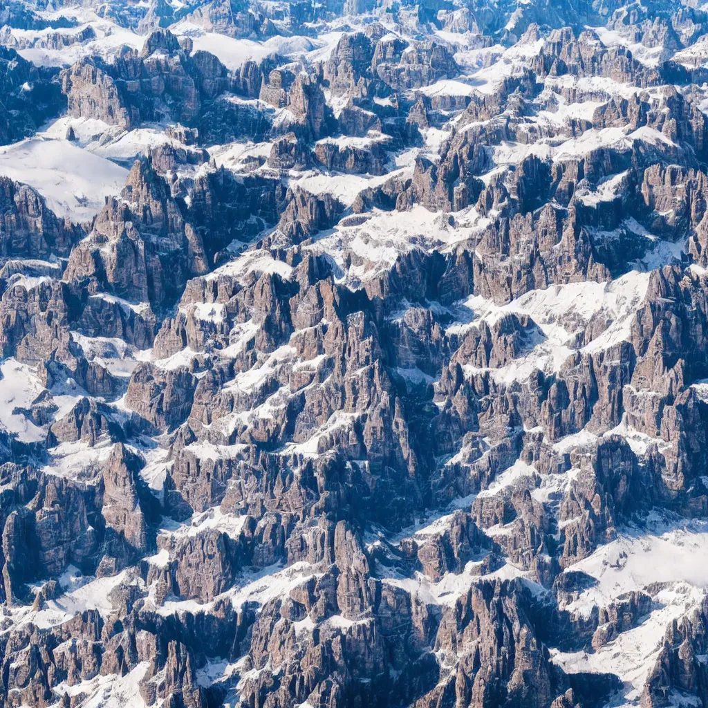 Image similar to 5 unique UFOs flying over swirling stylized dolomites, birds eye view