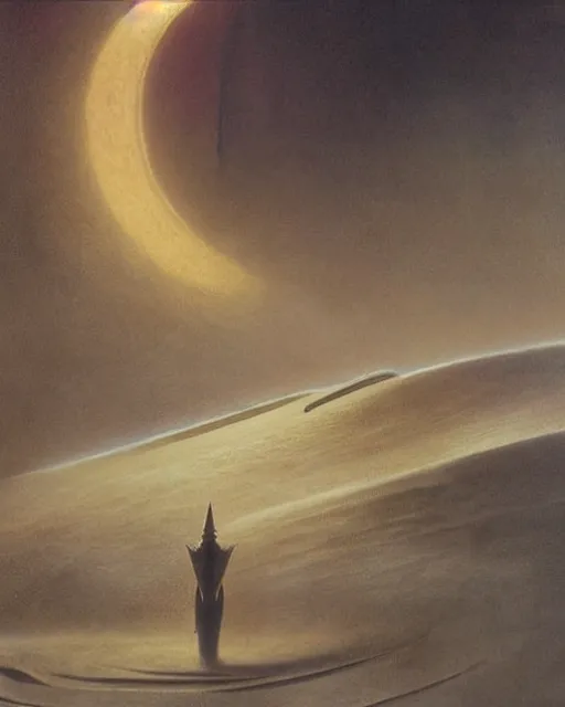 Image similar to paul atreides as emperor of dune, cinematic lighting, mist, sci-fi movie, mystical, oil painting by frank herbert and zdzislaw beksinski