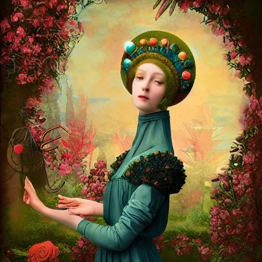 Prompt: a detailed portrait of young woman in renaissance dress and a surreal renaissance headdress, very surreal garden, cyberpunk, surreal tea party, strange creatures, by christian schloe and botticelli, naotto hattori, amy sol, roger dean, moody colors