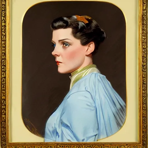 Prompt: portrait of an ice blue - eyed woman, by j. c. leyendecker