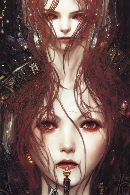 Image similar to portrait of beautiful young gothic maiden, cyberpunk, Warhammer, highly detailed, artstation, illustration, art by Gustav Klimt and Range Murata, cute anime face