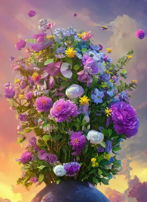 Image similar to An epic fantastic realism comic book style painting of the most beautiful flowers launched into space, bouquets, fisheye lens, unreal 5, DAZ, hyperrealistic, octane render, dynamic lighting