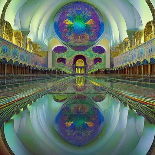 Image similar to world most beautiful mosque by jeff koons, m. c. escher, zdzisław beksinski, beeple, rutkowski, and alphonse mucha, chihuly