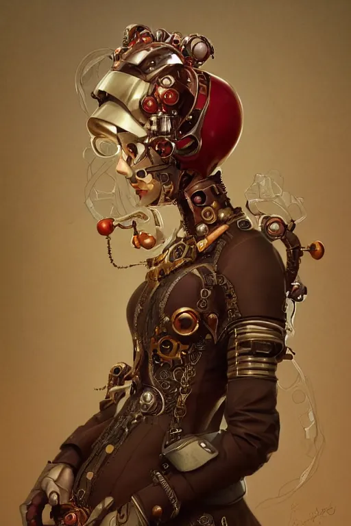 Image similar to anthropomorphic cherry as a steampunk cyborg, portrait, western, steampunk, duster, fantasy, intricate, elegant, highly detailed, digital painting, artstation, concept art, sharp focus, illustration, art by artgerm and greg rutkowski and alphonse mucha