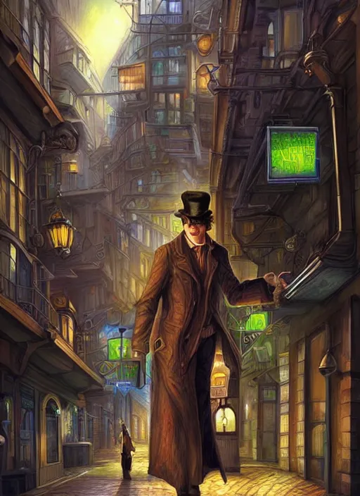 Image similar to techno sherlock holmes on a city street, futuristic, digital painting, detailed, realistic, digital art, by alayna lemmer