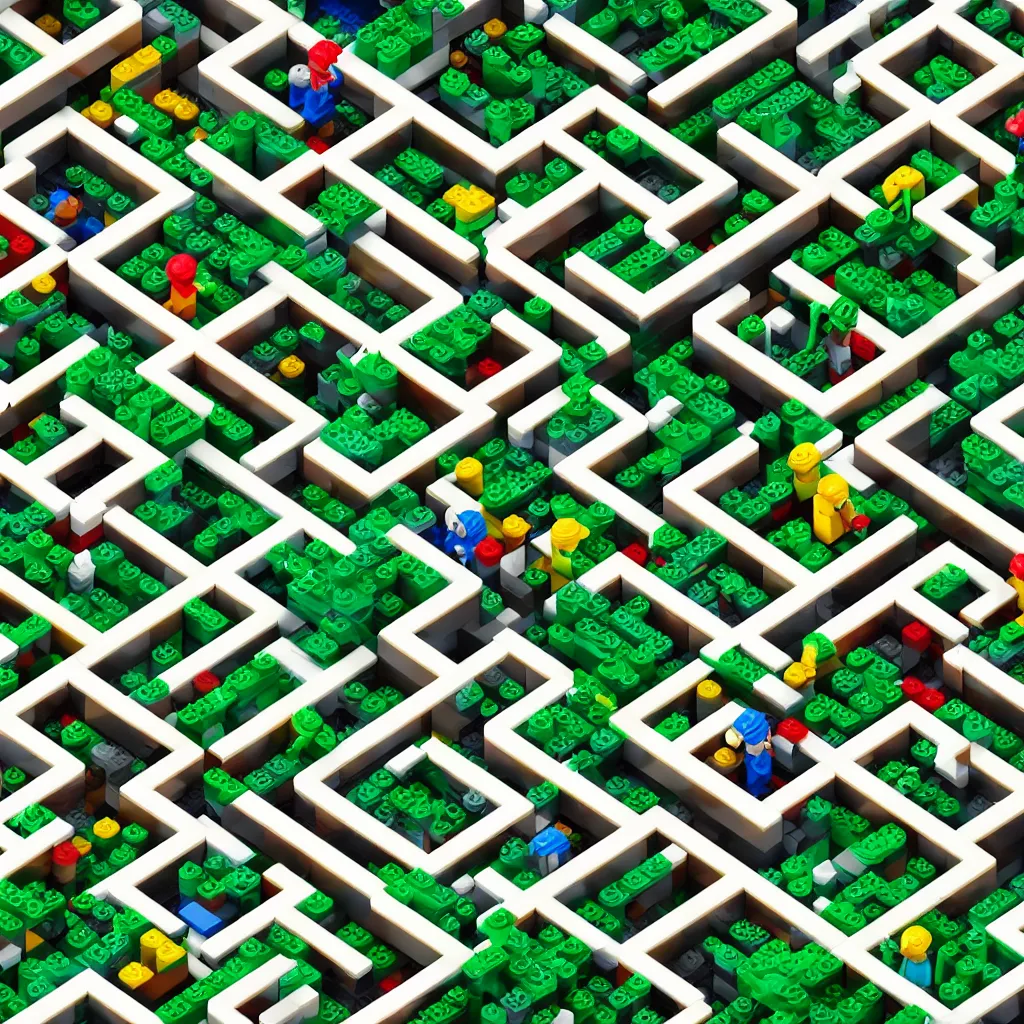 Image similar to wimmelbilder maze made of lego, isometric, octane render, Lego palm trees, unreal engine