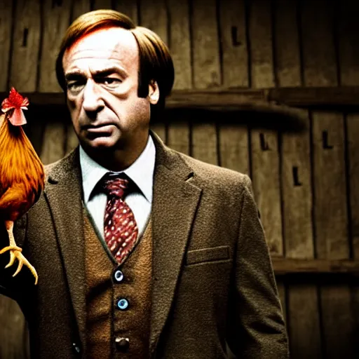 Image similar to saul goodman and a rooster in a medieval torture chamber, saw blades and knives in the background, horror movie, saul goodman, rooster!!!!, real life photo, highly detailed face