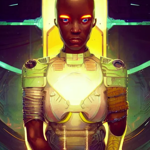 Prompt: african biopunk bounty hunter, science fiction, highly detailed, digital painting, beautiful eyes, symmetry, concept art, sharp focus, illustration, global illumination, radiant light, synthwave colors, detailed and intricate environment, art by artgerm and greg rutkowski and magali villeneuve and ilya kuvshinov!