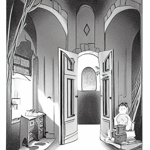 Image similar to an open wardrobe revealing the entrance to a fantastic world, storybook illustration, monochromatic