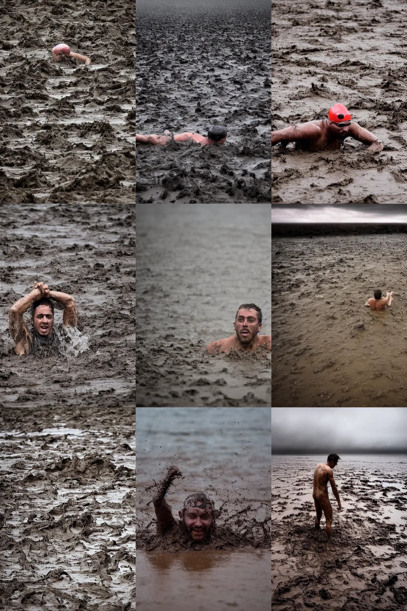 Prompt: a man swimming in an ocean of mud, bad weather, rain, 4 k, high quality