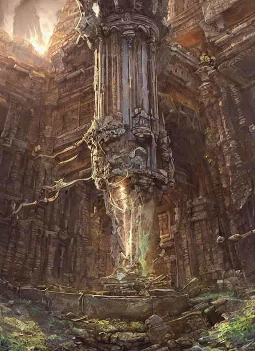 Image similar to a towering stone pillar covered with strange ancient mechanisms, in an ancient vault, crumbling temple ruins, fantasy digital painting, stunning intricate details, torch lighting, artwork by ross tran, artgerm