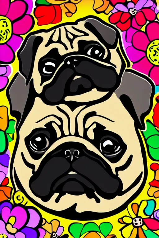 Image similar to portrait of a flower pug, art by milka oxana, sticker, colorful, illustration, highly detailed, simple, smooth and clean vector curves, no jagged lines, vector art, smooth