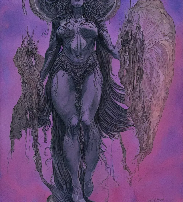 Image similar to a watercolor ink painting of the primordial goddess of the dark in the style of jean giraud in the style of moebius trending on artstation deviantart pinterest detailed realistic hd 8 k high resolution