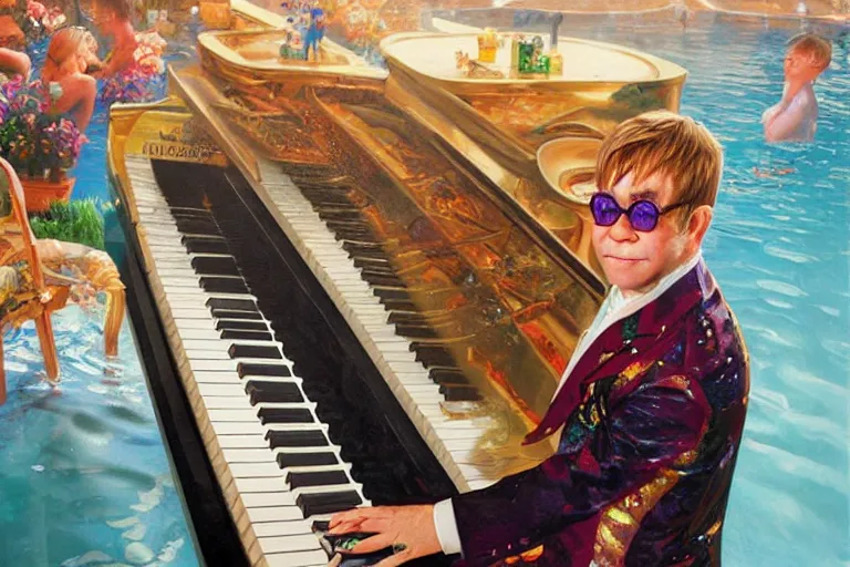 Image similar to elton john playing a piano in a pool filled with baked beans, an oil painting by ross tran and thomas kincade