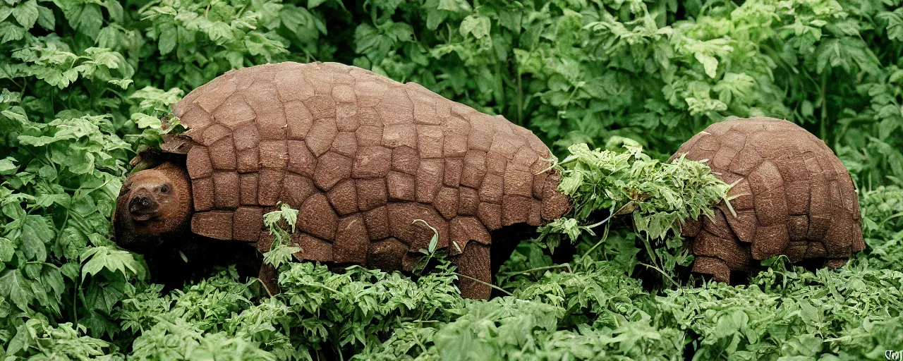 Image similar to a glyptodon eating from a spaghetti plant, pre - historic, in the style of carl warner, canon 5 0 mm, kodachrome,