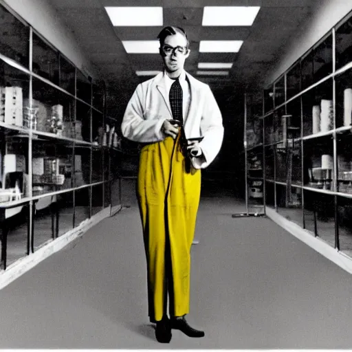 Image similar to a 1 9 5 0 s male scientist wearing a lab coat standing lost in the backrooms, mono - yellow old moist carpet, empty liminal space, very dark shadows, broken fluorescent lighting, horror movie scene, film grain