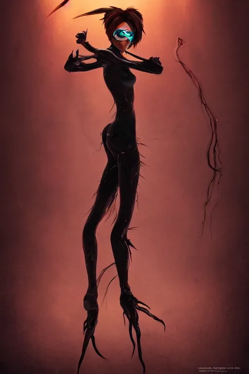 Image similar to dark full body painting of tracer from overwatch, in style of zdzisław beksinski, scary, horror, 4 k, feminine facial features, overwatch tracer character, horror, body horror, disturbing, detailed face, dressed in dark garment, black tendrils, tall, long legs,