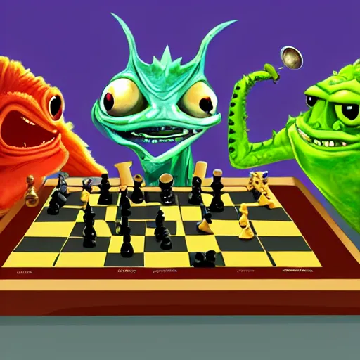 Prompt: Murlocs playing chess, videogame, digital rendering, multiple characters, hd, 8k
