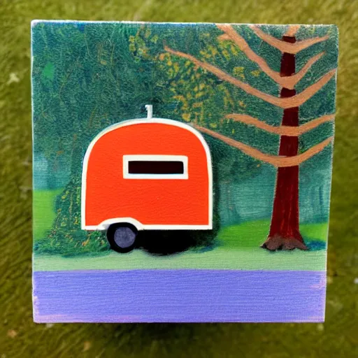 Prompt: camper in between trees, miniature art