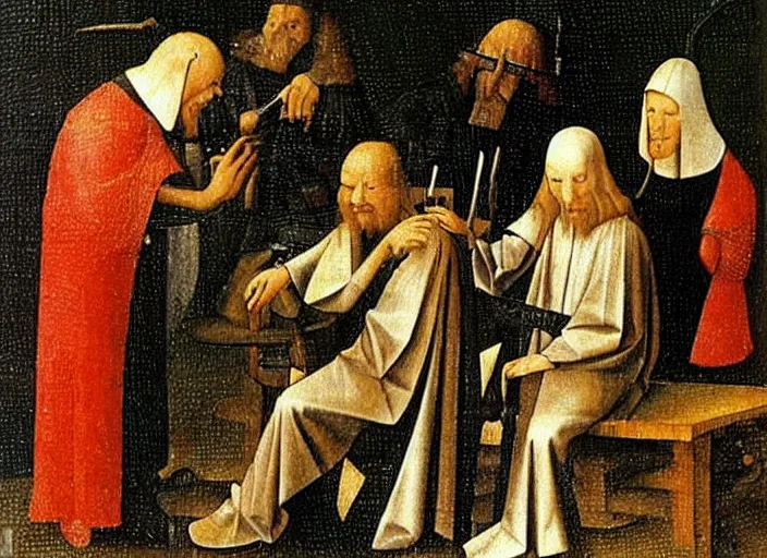 Prompt: judge wearing a bench wig is making a haircut to another judge with a bench wig, only two person in the scene, by hieronymus bosch, fractals