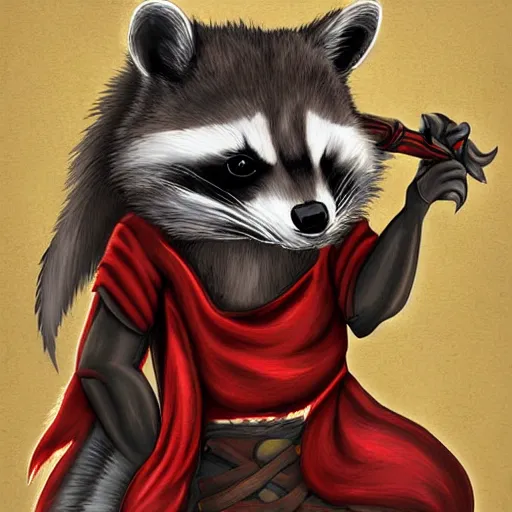 Prompt: digital art of a raccoon in a rouge outfit duel wielding daggers, D&D