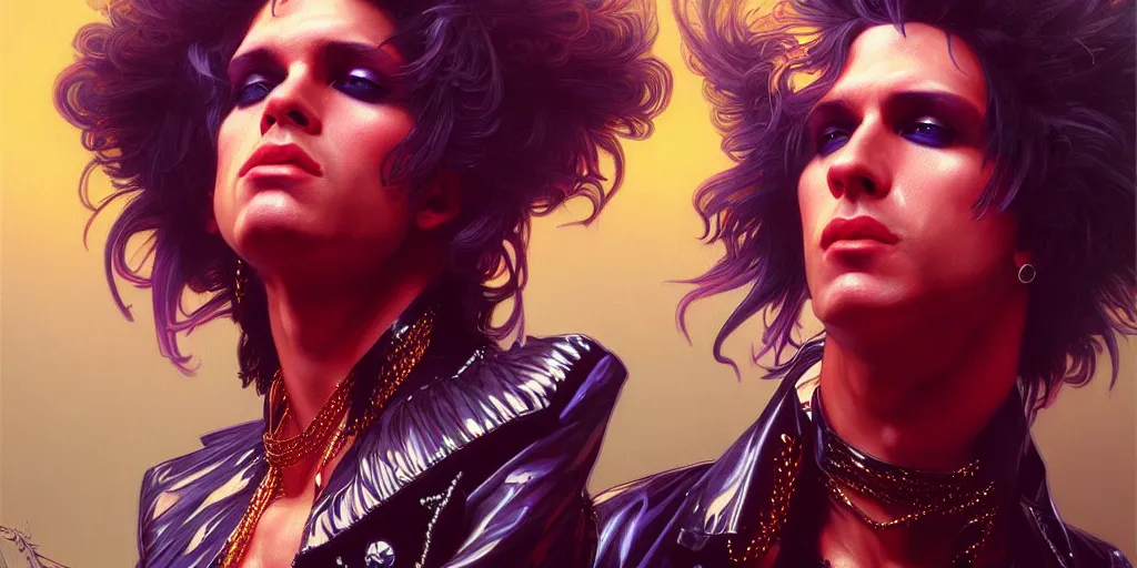 Image similar to a 1 9 8 0 s glam rock star on stage, highly detailed, digital painting, artstation, concept art, matte, sharp focus, illustration, art by artgerm and greg rutkowski and alphonse mucha