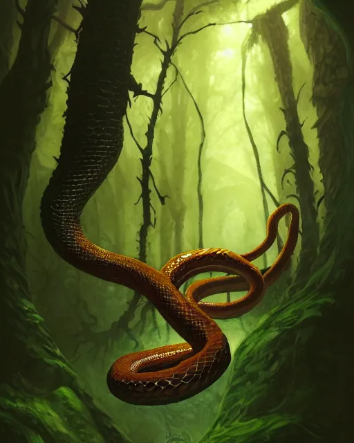 Image similar to Naga snake druid casting spell forest background, D&D, artstation, fantasy, magic the gathering artwork, cinematic lighting, centered, symmetrical, highly detailed, digital painting, , concept art, smooth, sharp focus, illustration, volumetric lighting, epic Composition, 8k, art by Akihiko Yoshida and Greg Rutkowski and Craig Mullins, oil painting, cgsociety