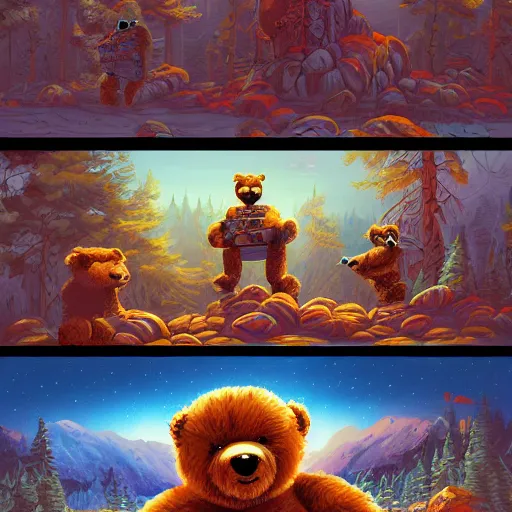 Image similar to a paint of dan mumford, of a robotic teddy bear painting a picture of a cute bear, in the background an apocalyptic panorama, artstation