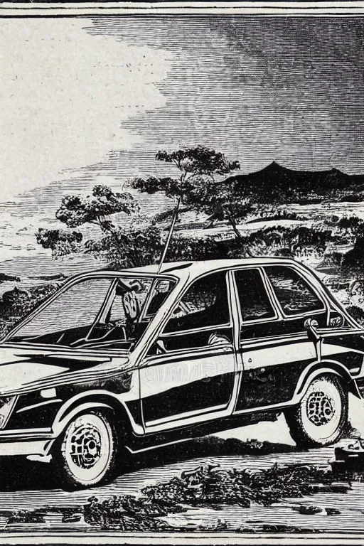 Image similar to 19th century wood-engraving of Toyota Corolla V, whole page illustration from Jules Verne book, art by Édouard Riou Jules Férat and Henri de Montaut, high quality, beautiful, removed watermarks