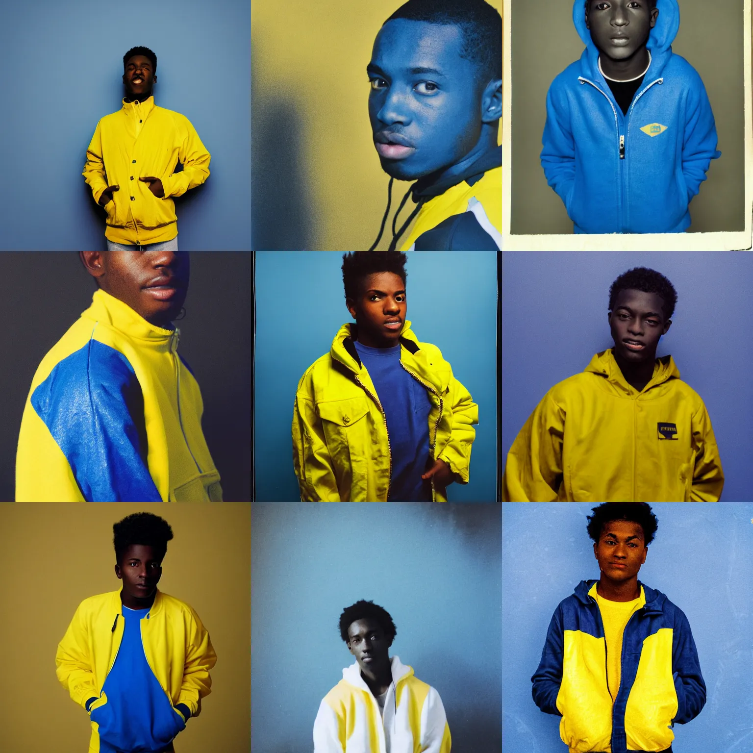 Prompt: young black man covered in blue paint wearing a bright yellow jacket on white background, grainy film photograph, slightly overexposed