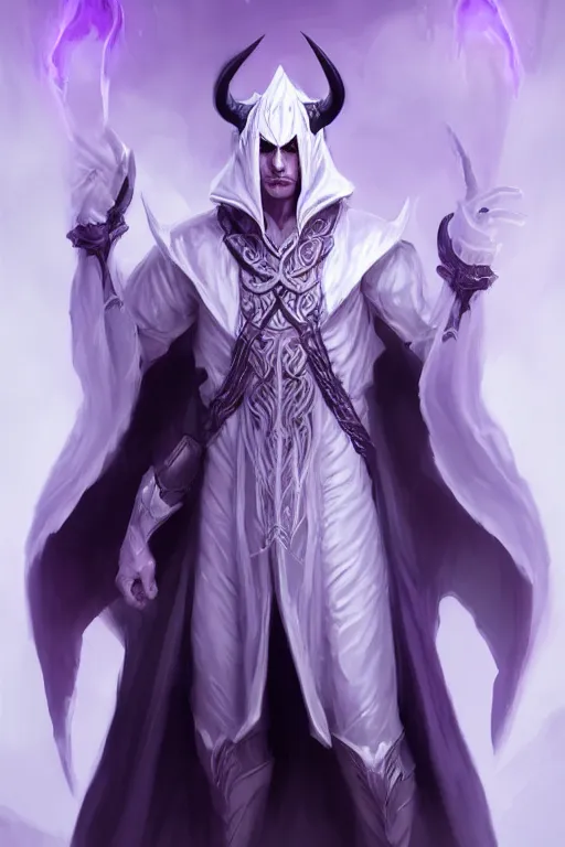 Prompt: man male demon, full body white purple cloak, no hoodie, warlock, character concept art, costume design, black eyes, white horns, trending on artstation, Artgerm , WLOP
