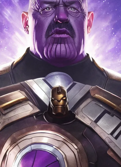 Image similar to a still of Hitler as Thanos in Avengers Endgame, purple Hitler face realistic, infinity gauntlet snap, sigma male, accurately portrayed, portrait art by alphonse mucha and greg rutkowski, highly detailed, digital painting, concept art, illustration, dim lighting with twilight rays of sunlight, trending on artstation, very detailed, smooth, sharp focus, octane render, close up