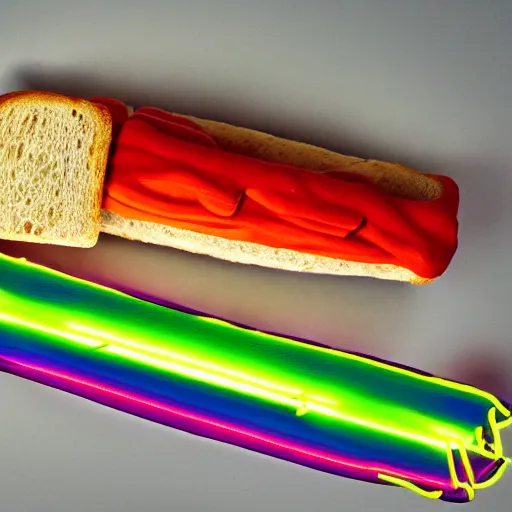 Prompt: an extremely high quality photo of a surreal neon-lightsaber-topaz-sandwich, the polymer clay ((sandwich)) creation, a hybrid mixture of sandwichopallightsaberrainbow and opalrainbowtopazlightsabers, promotional photo, 4k polymer clay food photography