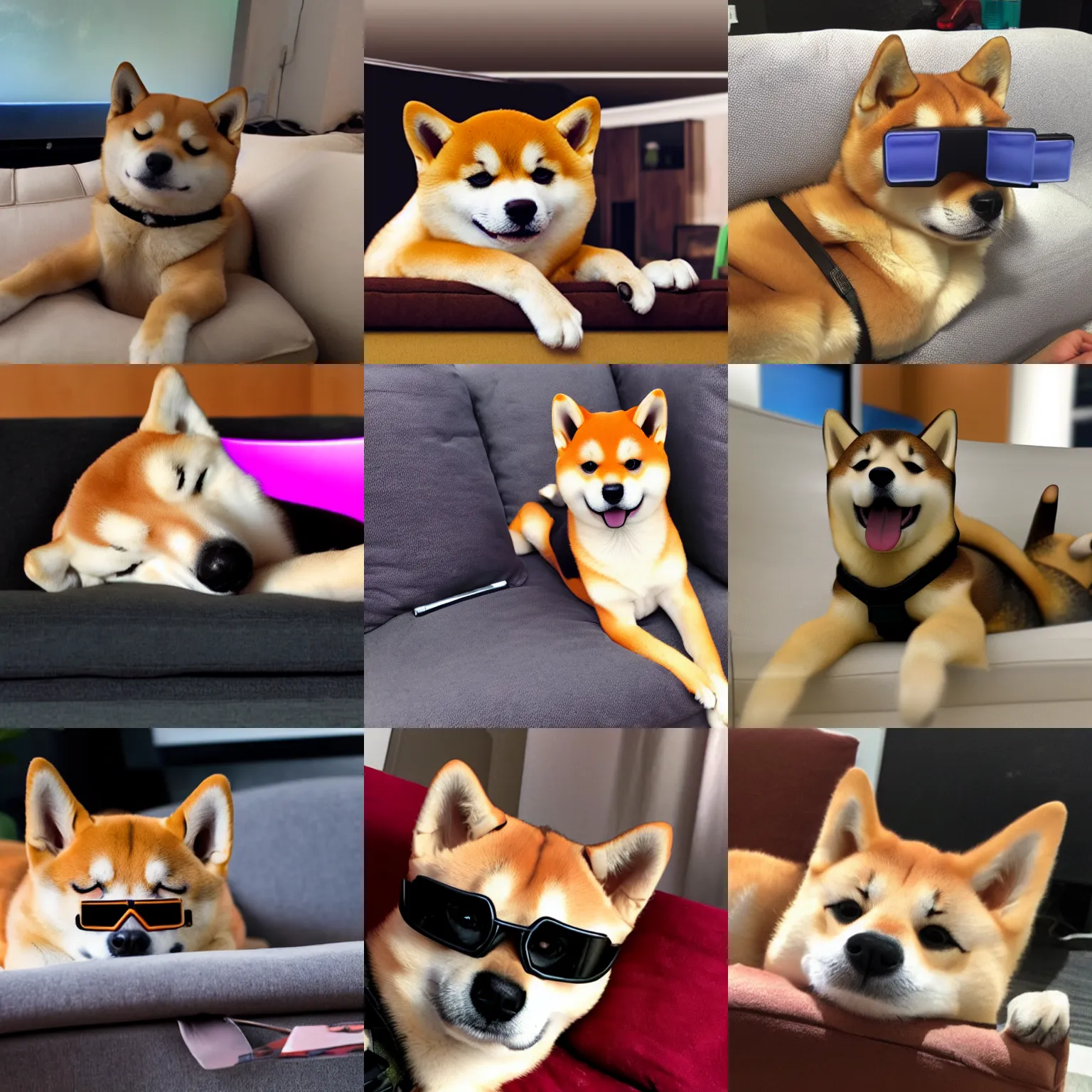 Prompt: shiba inu lying on a lazy boy sofa watching tv with 3 d glasses