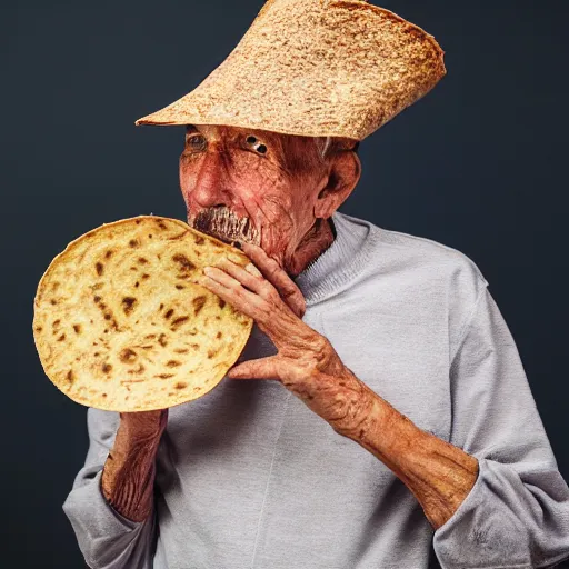 Prompt: an elderly man wearing a mask made from a tortilla, bold natural colors, national geographic photography, masterpiece, 8 k, raw, unedited, symmetrical balance