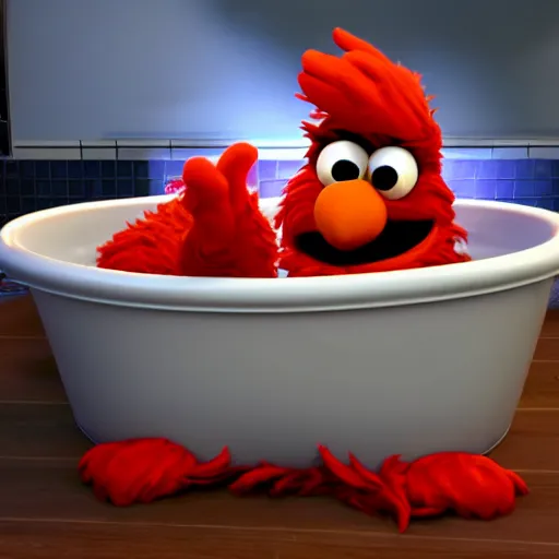 Prompt: an unreal engine render of elmo in a bathtub