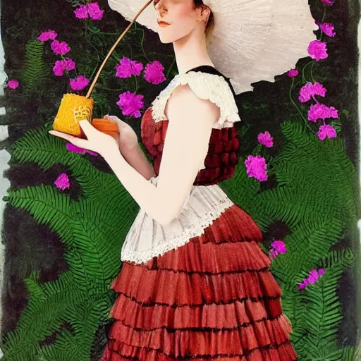 Image similar to On Construction Paper full body fashion model emma watson by Winslow Homer smokey eyes makeup eye shadow fantasy, glow, shimmer as victorian woman in a long white frilly lace dress and a large white hat having tea in a sunroom filled with flowers, roses and lush fern flowers ,intricate, night, highly detailed, dramatic lighting , high quality