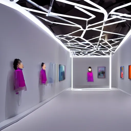 Prompt: the interior of a gallery designed around gender as a 3 d color space with edge lit glass, nendo, insanely detailed, trending on behance