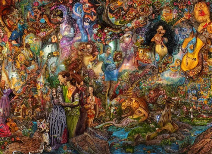 Image similar to folk art, lowbrow, matte painting, 3 - d highly detailed, in the style of josephine wall,