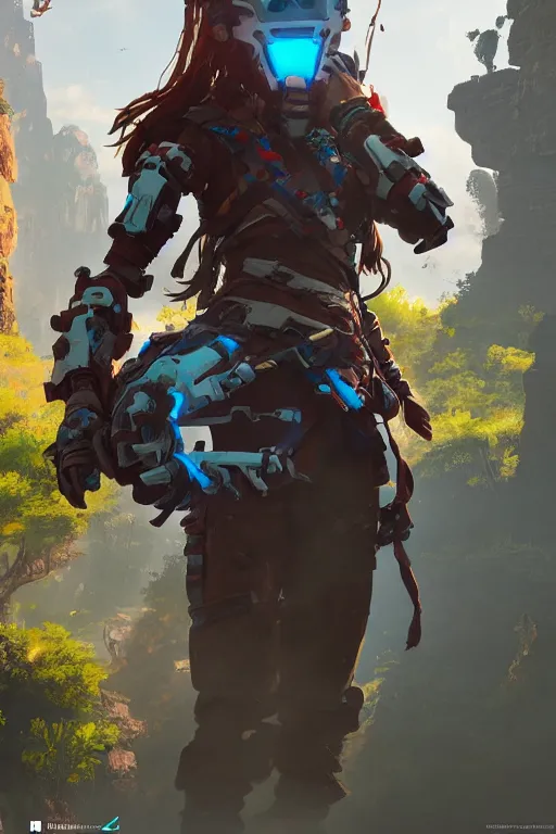 Image similar to combination suit armor aloy horizon forbidden west horizon zero dawn robot ninja mask helmet backpack tribal, aesthetic octane render, 8 k hd resolution, by ilya kuvshinov and cushart krentz and gilleard james radiating a glowing aura cgi rtx 2 0 2 2