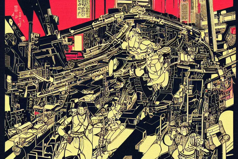 Image similar to futuristic japanese cyberpunk bladerunner silk screen by utagawa yoshiiku, ohara koson, pixiv contest winner, cyberpunk style, cyberpunk color scheme, mechanical, robotic, human machine interface, high resolution, hd