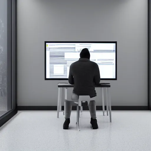 Image similar to a programmer sitting in front of a grey computer screen, with grey walls, grey clothes, and a grey light.