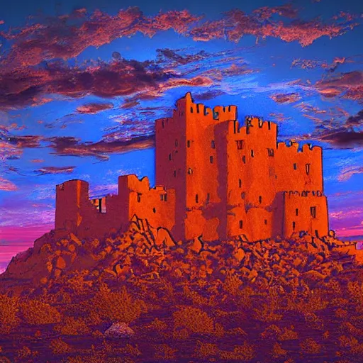 Image similar to an elaborate old ramshackle castle built on top of a desert mesa at sunset, orange and purple coloring, digital art