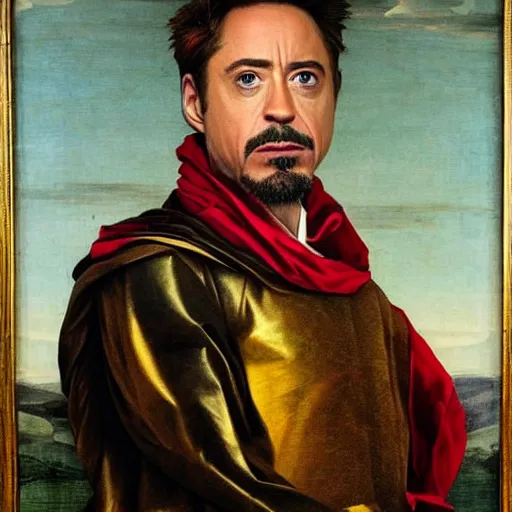 Image similar to robert downey jr, renaissance painting, highly detailed, colorful