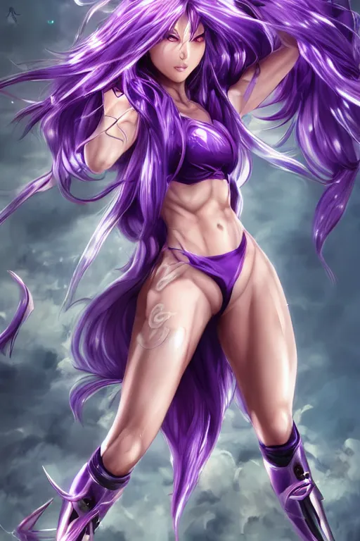 Image similar to a very beautiful mature raiden of genshin impact, full body, long wavy purple hair, purple eyes, full round face, bikini, miniskirt, front view, mid - shot, cute pose, highly detailed, cinematic wallpaper by stanley artgerm lau