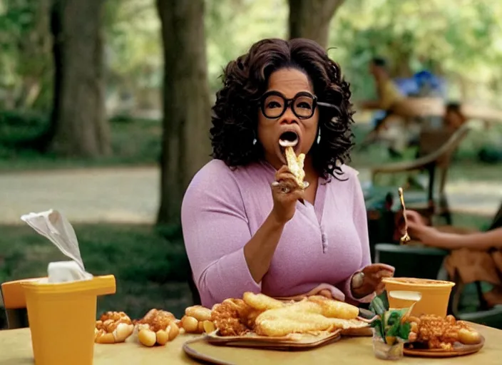 Prompt: film still of Oprah eating a corndog in the new Willow movie, 4k